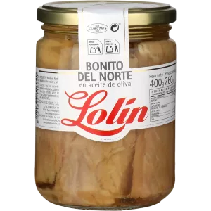 Tun - Bonito del Norte i olivenolie, 400/260 gram på glas, Lolin