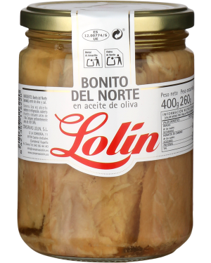 Tun - Bonito del Norte i olivenolie, 400/260 gram på glas, Lolin
